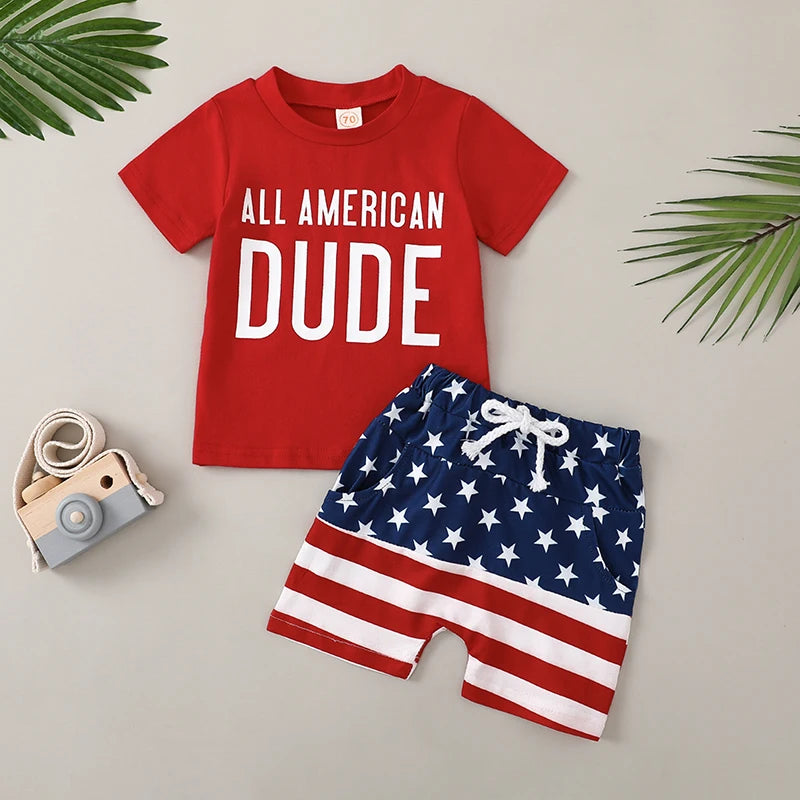 Boy's 2-Piece "All American Dude" 4th of July T-Shirts & Flag Shorts Sets