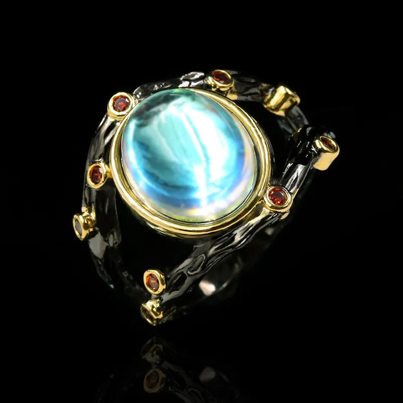 Vintage Moonstone & Ruby Zircon Black & Gold Series Rings