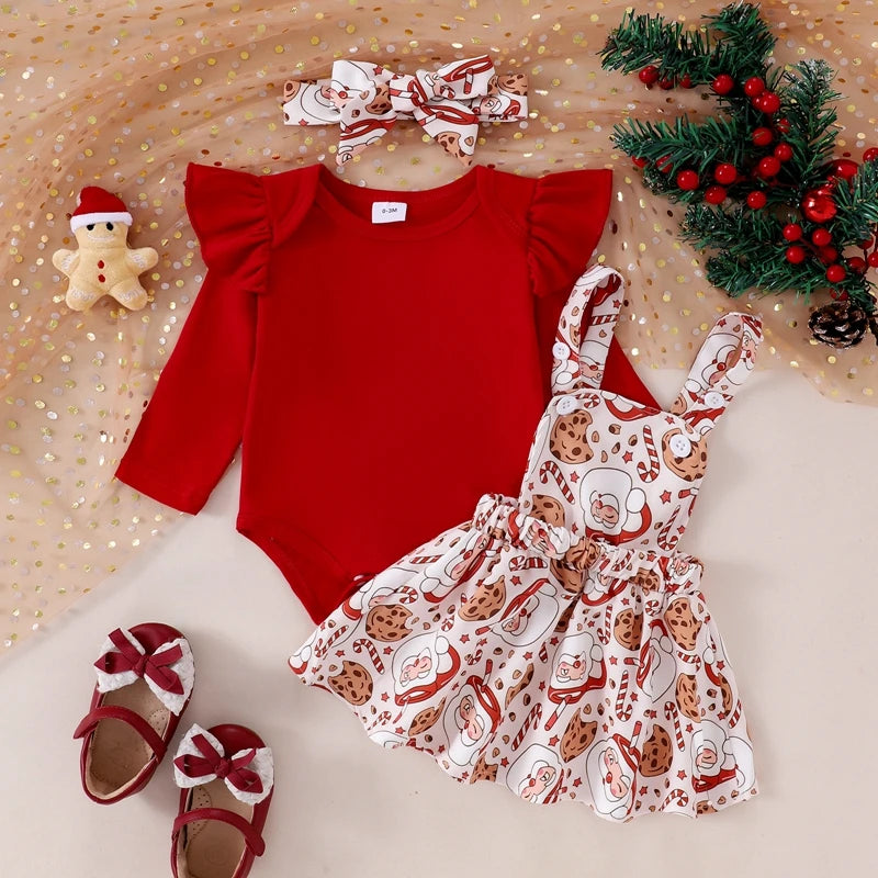 Girl's 3-Piece Holiday 3-Piece Ruffled Onesie, Santa/Pumpkin/Turkey Suspender Skirts & Bow Headband Sets