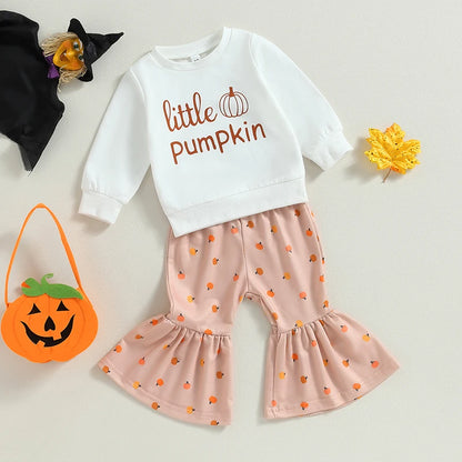 2-Piece Halloween Outfits! Girl’s Long Sleeve Pumpkin Sweatshirt & Pants Sets