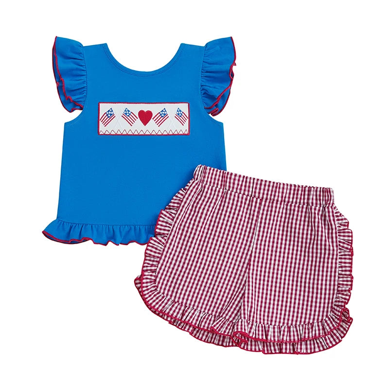 Girl's 2-Piece Embroidered 4th of July Fly Sleeve Tops & Plaid Ruffled Shorts Sets