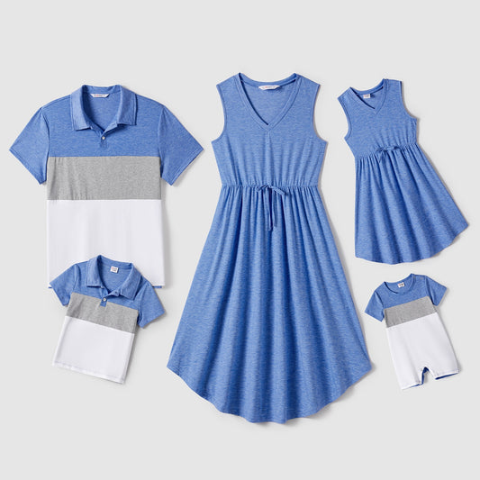Family Matching! Curved Hem Solid Tank Dresses & Polos