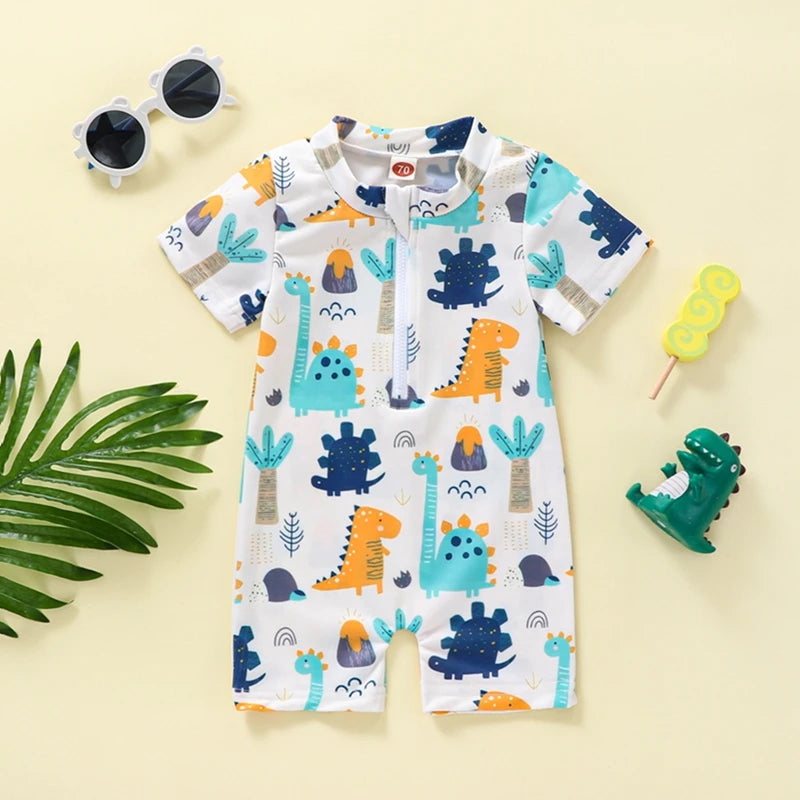 Kids Boys Swimsuit Casual Cartoon Printed Short Sleeve Zipper Jumpsuit Swimwear Beachwear Clothes