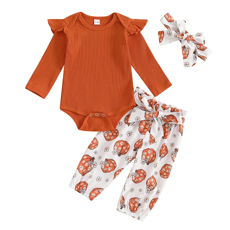 Girl's Floral Pumpkin Onesies, Pants & Bow Headband Sets