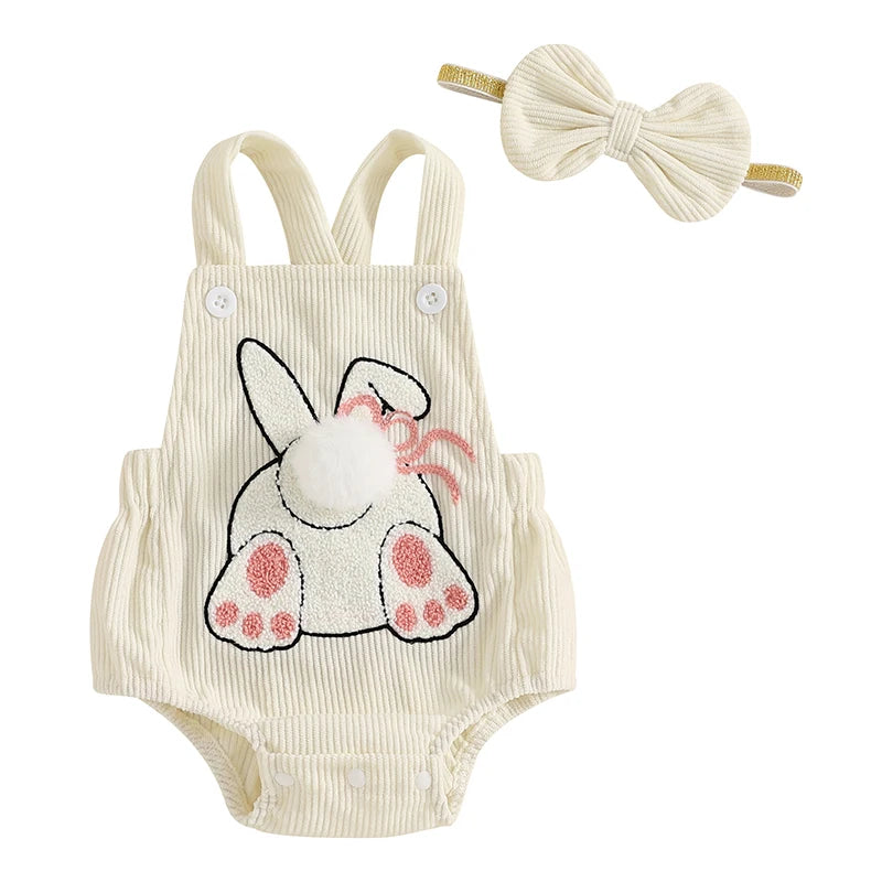 Girl's 2-Piece Bunny Embroidered Sleeveless Easter Romper & Bow Headband Sets