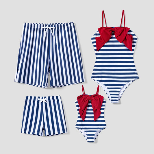 Family Matching! Vertical Stripe Drawstring Swim Trunks or Bow Detail One Piece Swimsuit