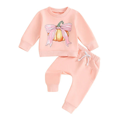 2-piece Sets! Girl's Halloween Pumpkin Bow Fall Sweatshirt & Sweatpants