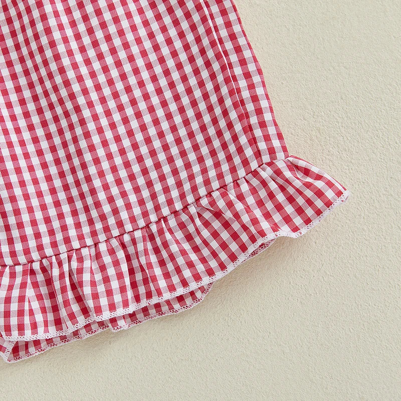 Girl's 2-Piece Embroidered 4th of July Fly Sleeve Popsicle Top & Plaid Shorts Sets