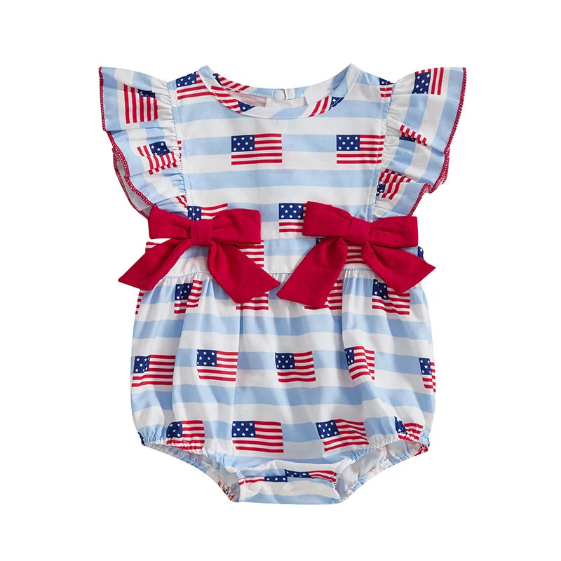 Girl's American Flag 4th of July Doll Collar Bowed Rompers