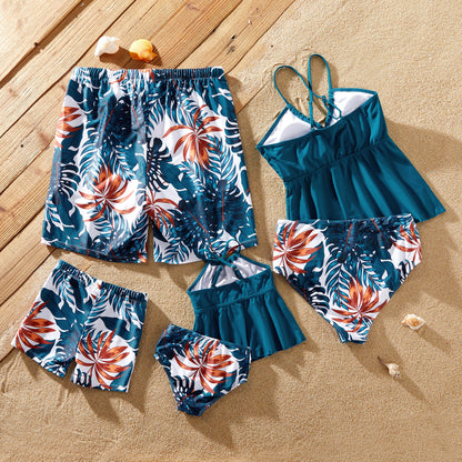 Family Matching! Swimsuits Tropical Leaf Pattern Drawstring Swim Trunks or Cross Strap Flowy Tankini