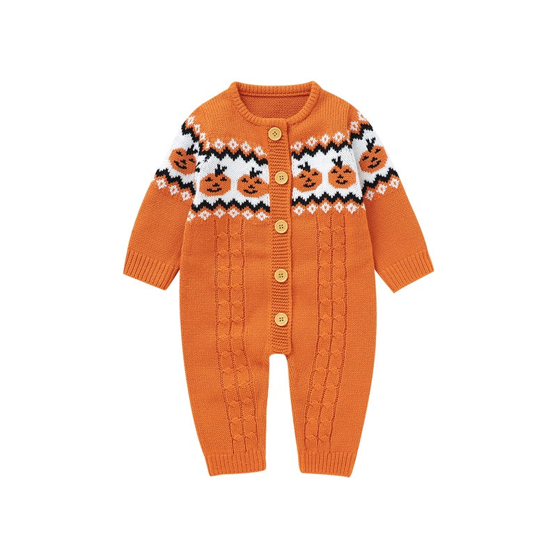 Halloween Pumpkins! Girl's & Boy's Warm & Cozy Knit Sweater Button-Up Rompers