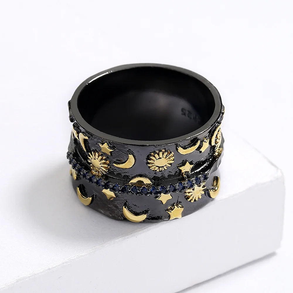 Moon Star Sun Black & Gold Style Rings