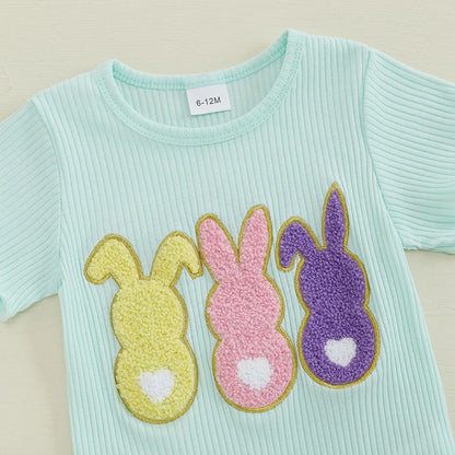 Girl's 2-Piece Embroidered Easter Bunny T-shirts & Rainbow Tulle Skirts Sets