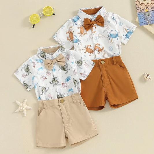 2-Piece Outfits! Boy's Rabbit & Ocean Print Button-Up Bow-Tie Collar Shirts  & Shorts Sets