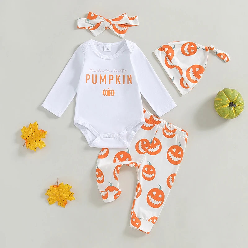 4-Piece Halloween Outfits! Girl’s Long Sleeve Pumpkin Onesie, Pants, Headband & Hat Sets