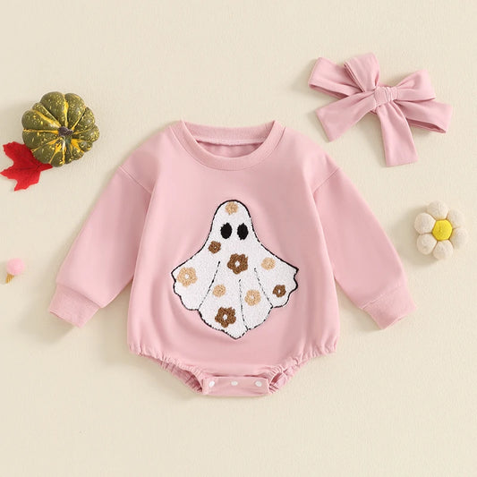 2-piece Girl's Embroidered Groovy Ghost Halloween Sweatshirt & Matching Bow Headband