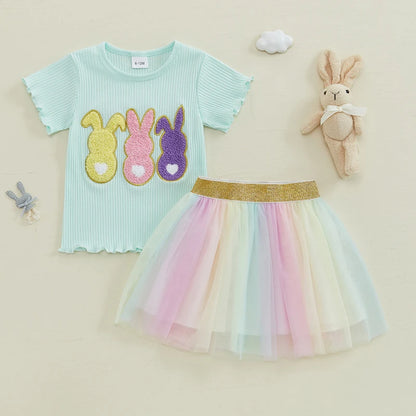 Girl's 2-Piece Embroidered Easter Bunny T-shirts & Rainbow Tulle Skirts Sets