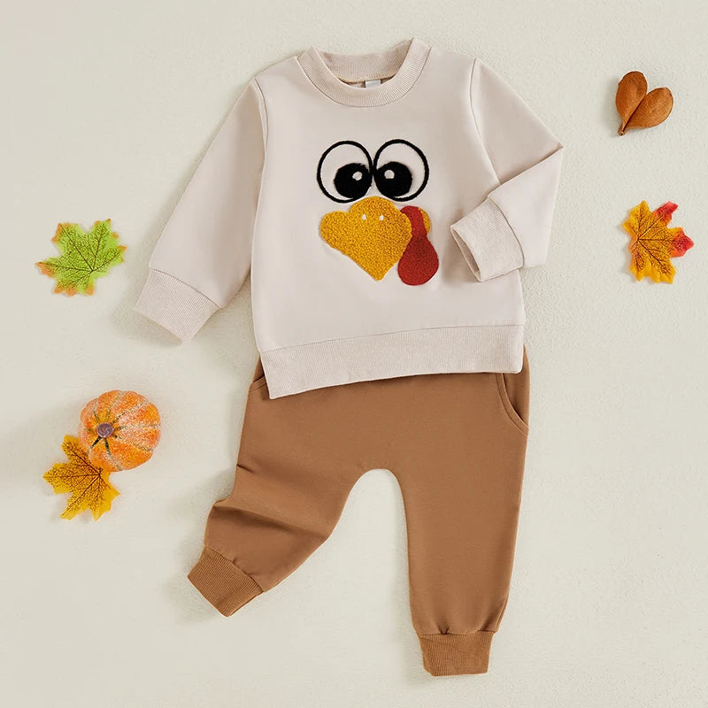 2-piece Thanksgiving Sets! Embroidered Turkey Boy's & Girl's Fall Sweatshirts & Sweatpants Outfits