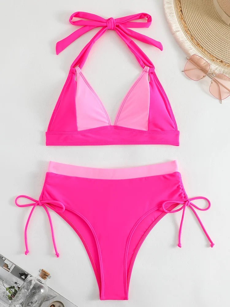 Pink Patchwork Bikini Set Halter Push UP Swimsuit High Waist SwimwearBackless Beach Bathing Suit