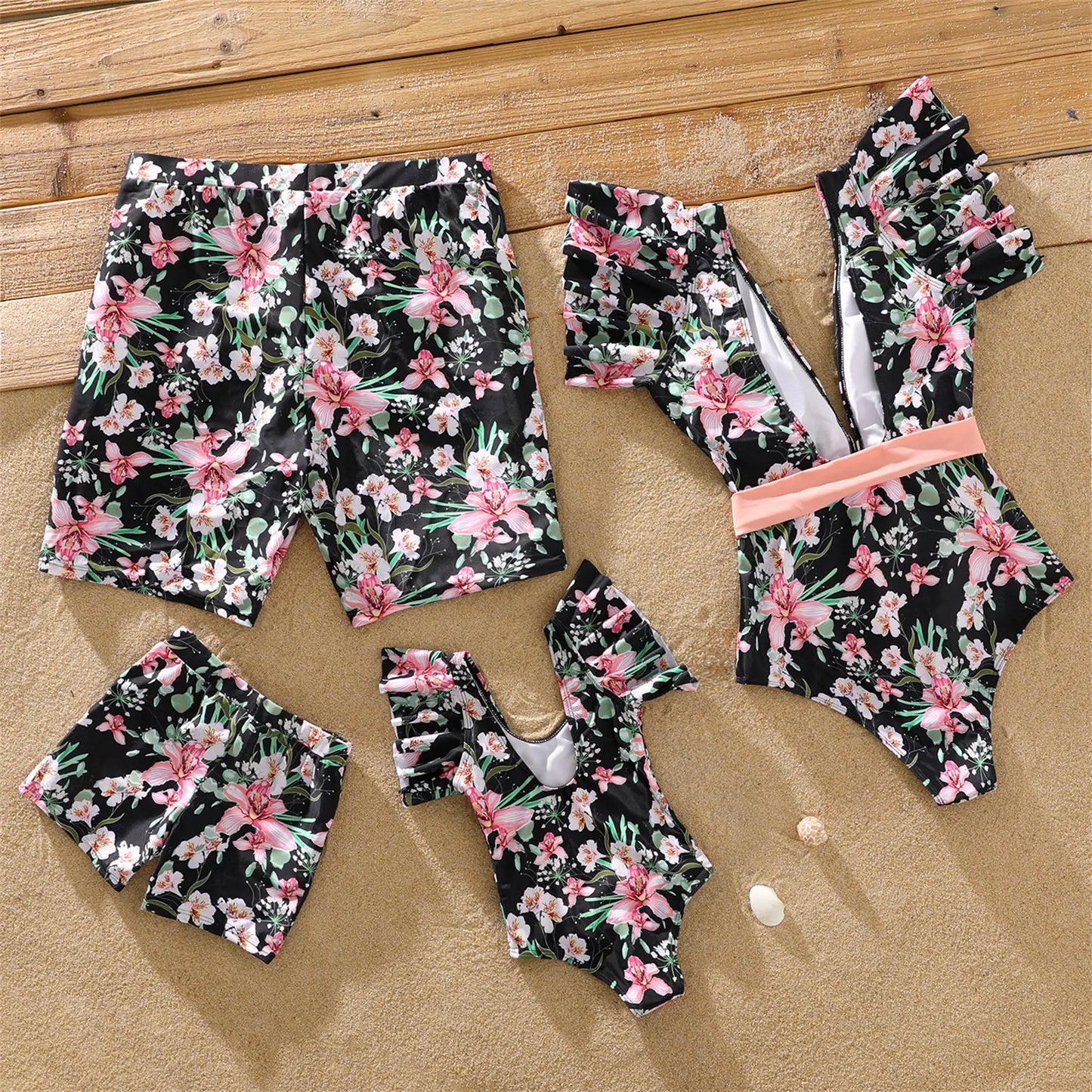 Family Matching!  Floral Swim Trunks Shorts and Ruffle-sleeve Belted One Piece Swimsuit