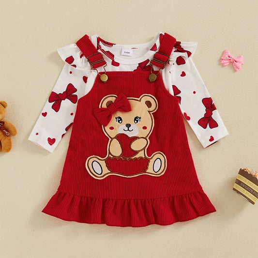 Girl's  2-Piece Bow Heart Onesie & Teddybear Corduroy Suspender Dress Sets