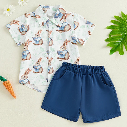 Boy's 2-Piece Easter Bunny/Carrot Button-Up Polos & Shorts Sets