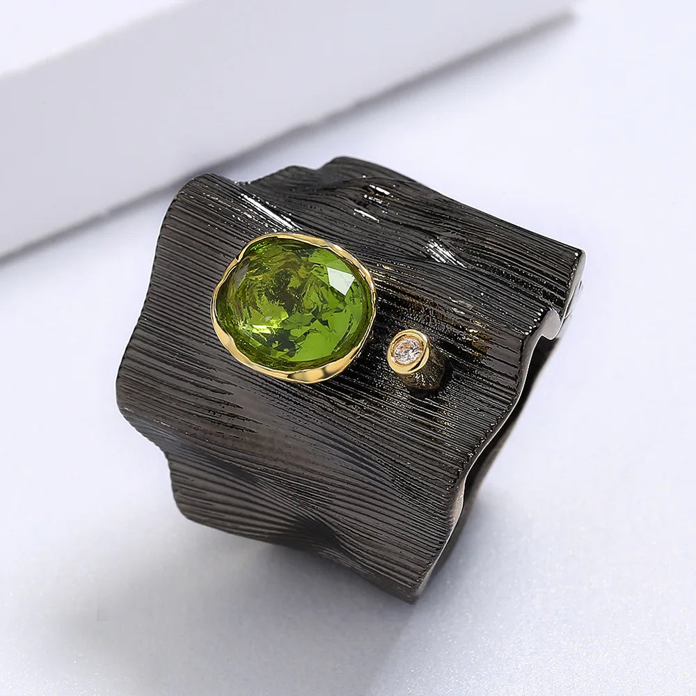 Rings Black & Gold Style Texture Geometric Green Zircon Rings