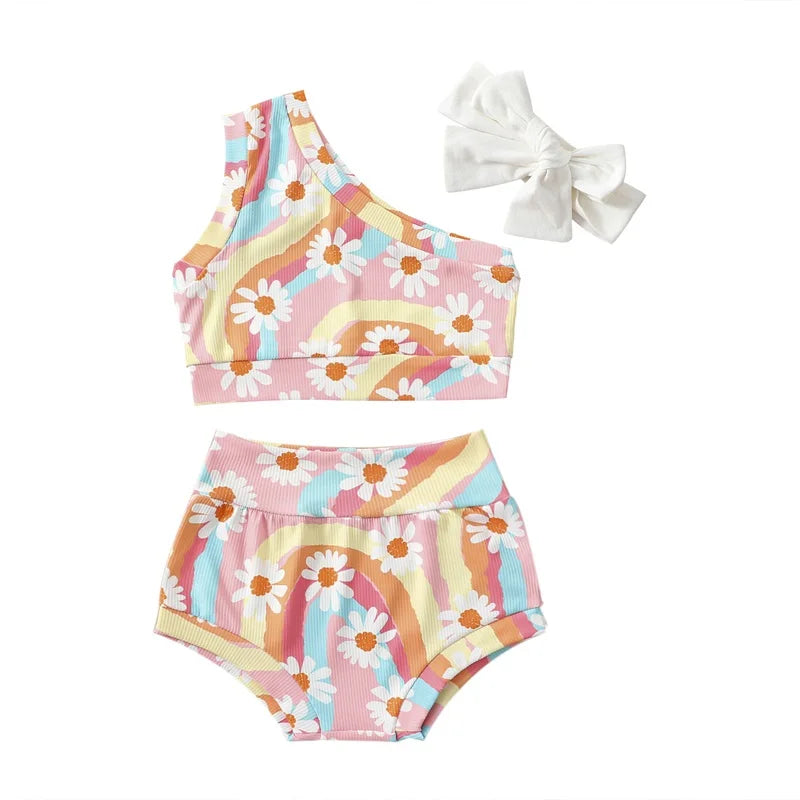 Baby Girls Swimsuits Rainbow Floral Print Bikini Set Sleeveless Bathing Suit Clothes