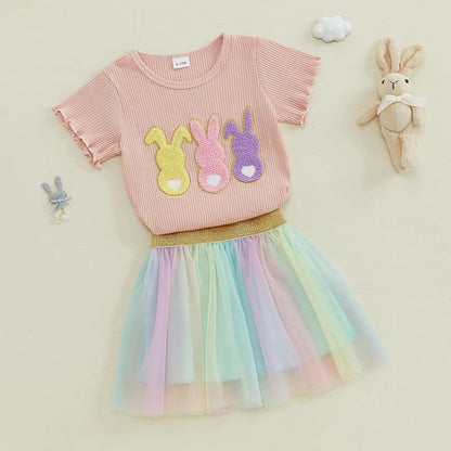 Girl's 2-Piece Embroidered Easter Bunny T-shirts & Rainbow Tulle Skirts Sets