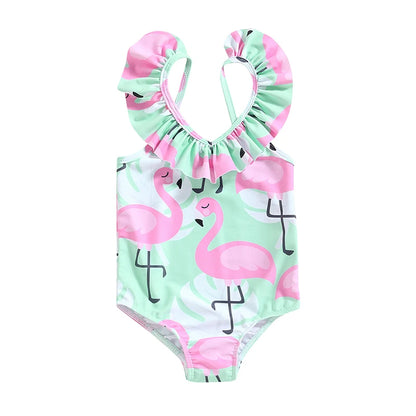 Kids Toddler Girl Swimsuits Flamingo Print Backless Fly Sleeve Jumpsuit Swimwear Beachwear Bathing Suits