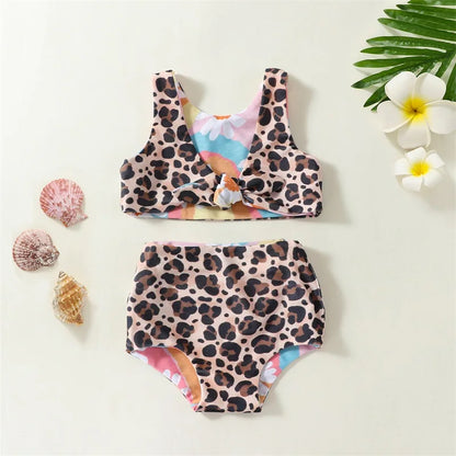 Kids Girl Swimsuits Rainbow Leopard Print Sleeveless Tops & Beach Shorts Set Swimwear Clothes