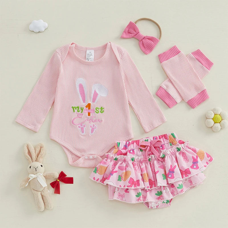 Girl's 4-Piece "My 1st / First Easter" Bunny Onesie, Ruffle Bloomers, Bow Headband & Leg Warmer Outfit Sets