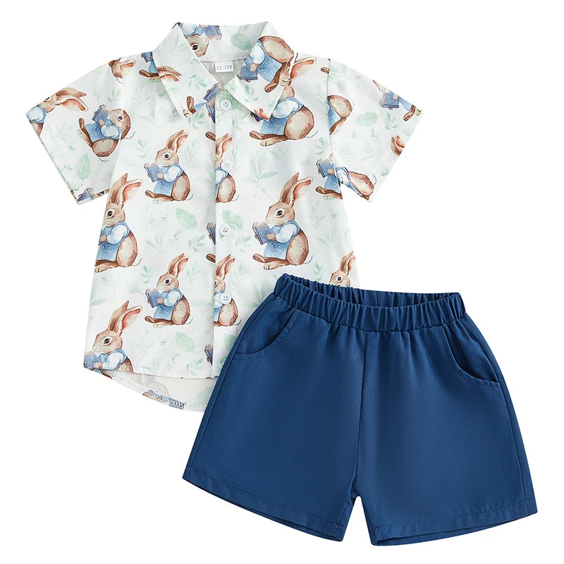 Boy's 2-Piece Easter Bunny/Carrot Button-Up Polos & Shorts Sets