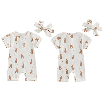 Girl's Short Sleeve Bunny Romper & Bow Headband Sets