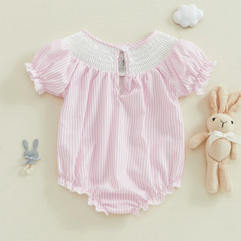 Girl's Embroidered Easter Bunny Stripe Rompers