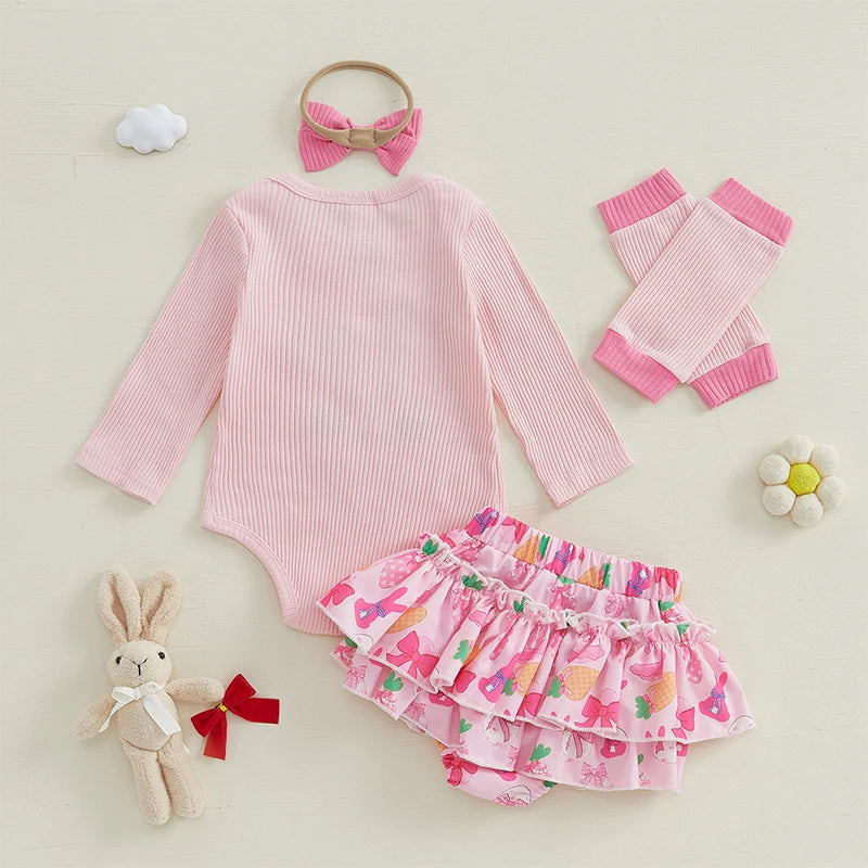 Girl's 4-Piece "My 1st / First Easter" Bunny Onesie, Ruffle Bloomers, Bow Headband & Leg Warmer Outfit Sets