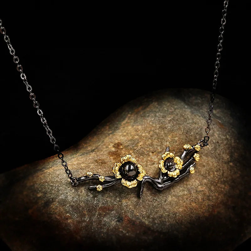 Plum Blossom Crystal Zircon Black & Gold Series Necklace