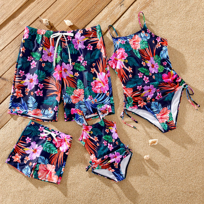 Family Matching! Tropical Floral Drawstring Swim Trunks or Ruched Drawstring Side One-Piece Strap Swimsuit