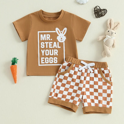 Boy's Easter Bunny T-shirt & Checkered Shorts Set