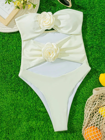 White Flower Bandeau SwimwearPush UP Hollow One Piece Swimsuit Monokini High Cut Beach Bathing Suit