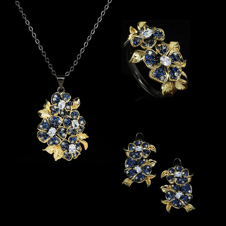 3-piece Black & Gold Style Zircon Flower Rings, Necklace & Earrings Sets