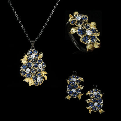 3-piece Black & Gold Style Zircon Flower Rings, Necklace & Earrings Sets