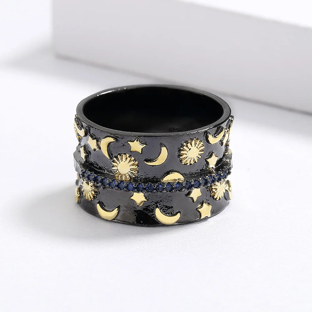 Moon Star Sun Black & Gold Style Rings