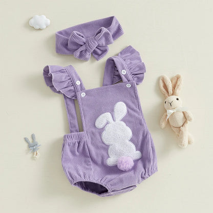 Girl's Fly Sleeve Embroidered Easter Bunny Romper & Headband Sets