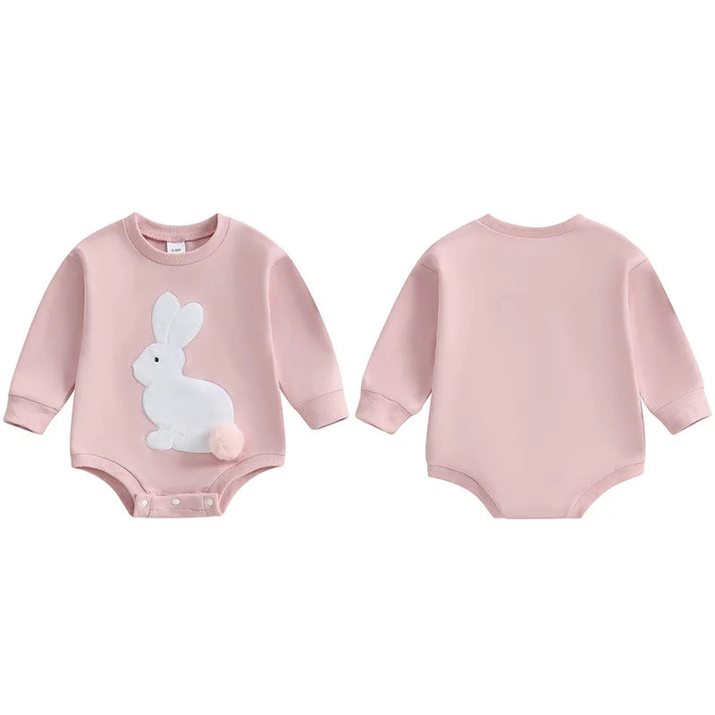 Girl’s Long Sleeve Easter Bunny Embroidered Sweatshirt Rompers