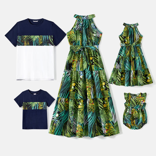 Family Matching! Tropical Halter Midi Dresses & T-Shirts