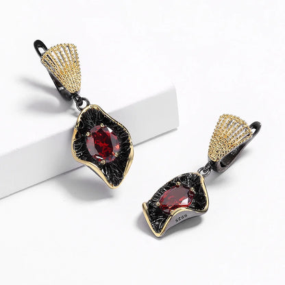 Ruby-Zircon Black & Gold Style Earrings