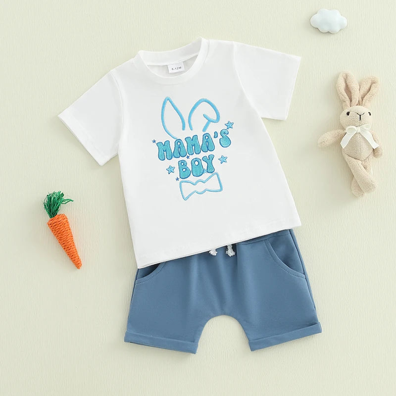 Boy's 2-Piece Embroidered "Mama's Boy" & Easter Bunny T-Shirt & Shorts Sets