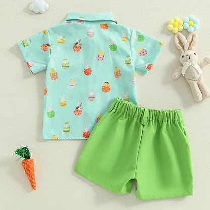 Boy's 2-Piece Easter Bunny/Egg/Carrot Bow-Tie Button Up Polos & Shorts Sets