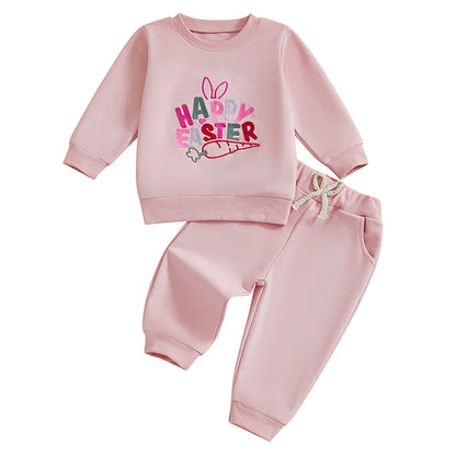 Girl's Embroidered Easter Bunny Ear, Carrot Sweatshirts & Pants Sets